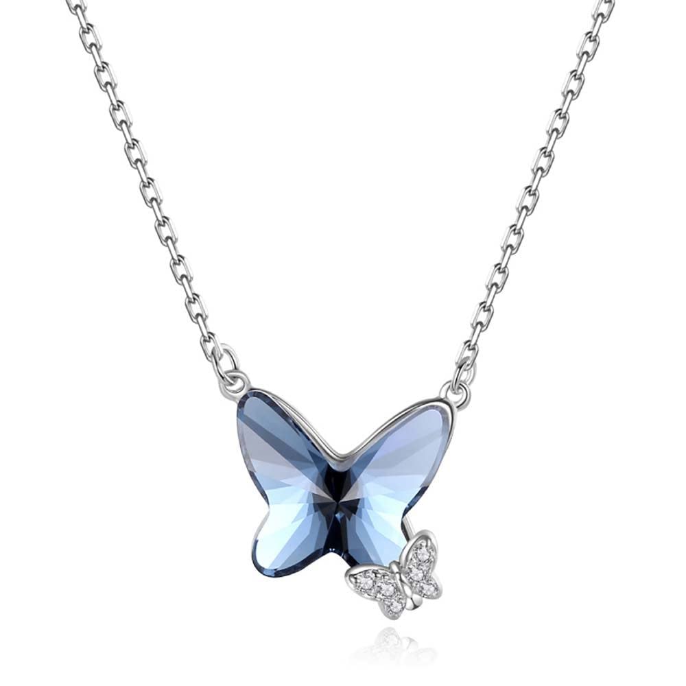 LNNSHX Collar de Mariposa, joyería con Colgante de Cristal de Plata de Ley S925, Piedra Natal para Mujer