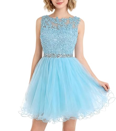 Image of Dydsz Women's Lace Applique Short Prom Dress A Line Tulle Homecoming Dresses Beaded Mini Graduation Party Dress