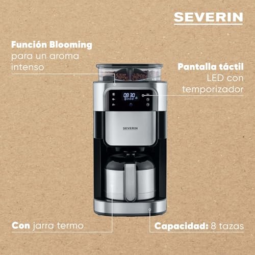 Miniatura 7 de Severin - Cafetera De Goteo Con Molinillo Hasta 10 Tazas, Cafetera De Filtro Cafetera Americana Con Jarra De Cristal De 1l, Con Pantalla Led Con Temporizador, Acero Inoxidable Negro, Ka 4814