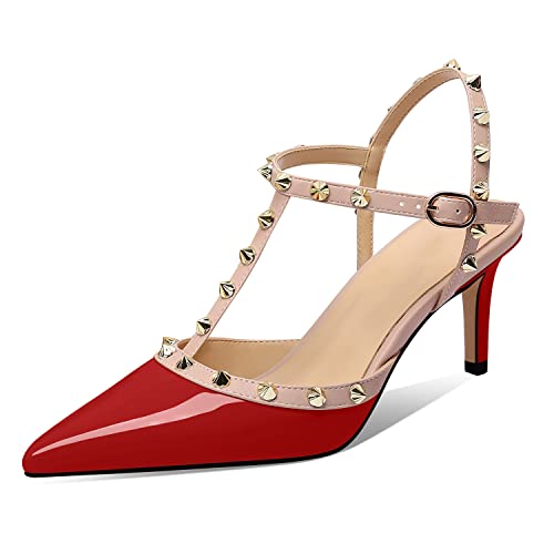 XINIUNIU Studded Heels for Women Red Studded Kitten Sandals with Buckle Ankle Strap Stiletto Patent Leather Pointy Toe 2.5 Inch Studs Party Daily Wear Evening Sandals Size 9