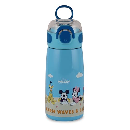 Image of Cello Kidzbee Flare 450 Insulated Stainless Steel Sipper Water Bottle 444 ml, Light Blue | Mickey Family Cartoon Design Hot & Cold Bottle | Vacuum Insulated Leakproof Easy to Carry Bottle for Kids
