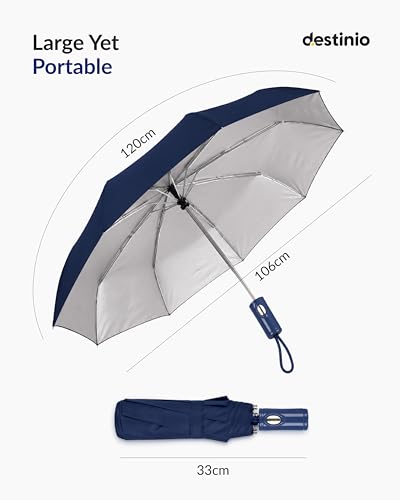 Image of Destinio Umbrella for Man - Large Size, Fully Automatic, Windproof Fibreglass Ribs, UPF 50+ Sun Protection, Premium 210T Pongee, Foldable Travel Umbrella for Rain for Men and Women - 3 fold Compact Easy to Carry (Auto open auto close)