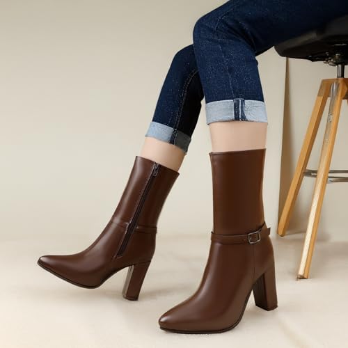 Image of Women's 3.5 Inch Block Heel Height, Classic Leather-Stylish Mid Calf (Half Boot) Buckle Boots