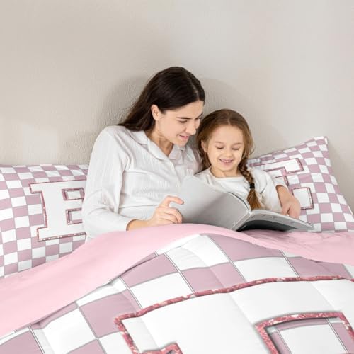 Image of Erosebridal Pink Initial E Comforter Set Queen Kawaii Plaid Checkered Bedding Set Cute Personalized Monogram Comforter for Kids Girls Teen Women,Fashion Grids Gingham Quilt Duvet