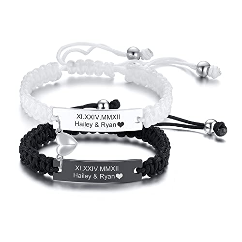 MEALGUET Personalized Matching Couple Bracelet : Braided Rope Heart for Lover Friend, Adjustable Macrame Adjustable His and Hers Engraved Bracelet Set for him her