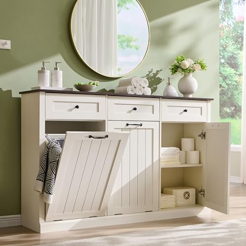 Image of IFBUY Triple Tilt Out Laundry Hamper Cabinet, Trash Cabinet, Antique White