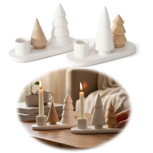 LS-LebenStil Kerzenständer 13cm 2´er Set Winterwald Keramik Holz...