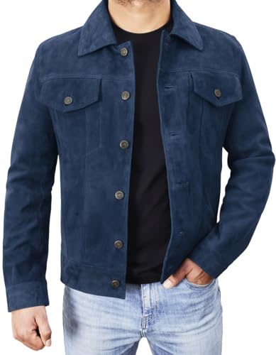 Image of Mens Premium Brown Suede Leather Trucker Jacket - Vintage Classic Motorcycle Western Goat Leather Coat