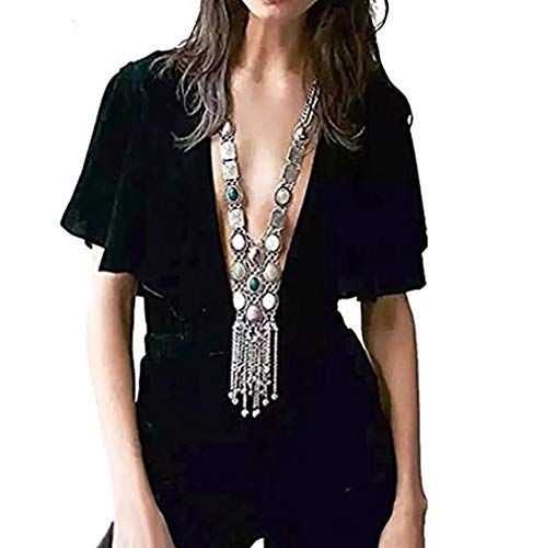 Turquoise Long Boho Bohemian Statement Ethnic Tribal Necklace for Women Vintage Retro Rhinestone (Silver)4