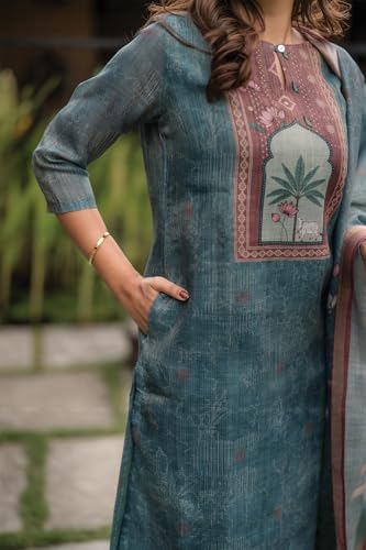 Image of Linen Shimmer Kurta with Dupatta for Women | Hariyali Ethnic Printed 2-Piece Set | Stylish Daily & Festive Kurti Set
