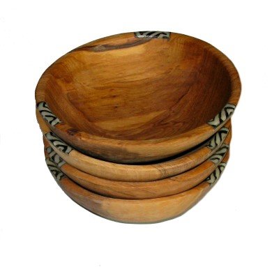 Madera de olivo ensalada de fruta Snack cuencos conjunto de 4 con incrustaciones 8 pulgadas 20 cm comercio justo