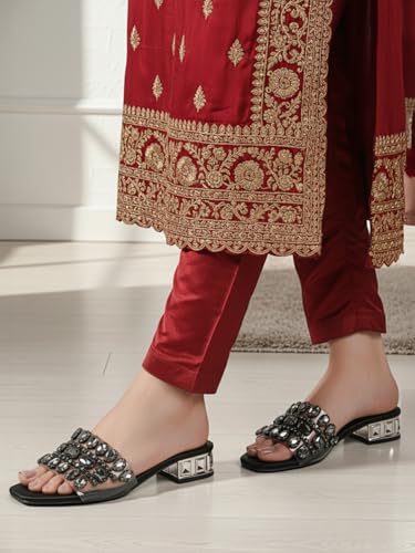 Image of ELLE Women's Embellished Gemstone Sandal - Low Heel Glamour Wedding Sandals