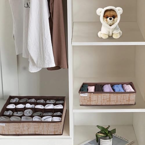 Image of HOKIPO Fabric Clothing Undergarment Organizer Storage Box for Drawers Bra Panty Socks Tie Lingerie Organizer for Wardrobe, 2 Pcs-6+24 Grids (NEW2-332+336), Brown