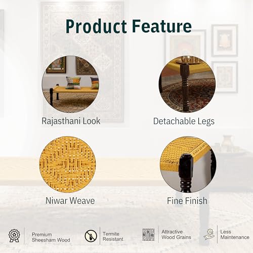 Image of Solid Sheesham Wood Charpai Khat Bed | Wooden Khatiya Charpai Desi | Handcrafted Khatiya Bed with Cotton Rope | Strong Khat for Indoor & Outdoor Use | 6X3 Feet | Yellow
