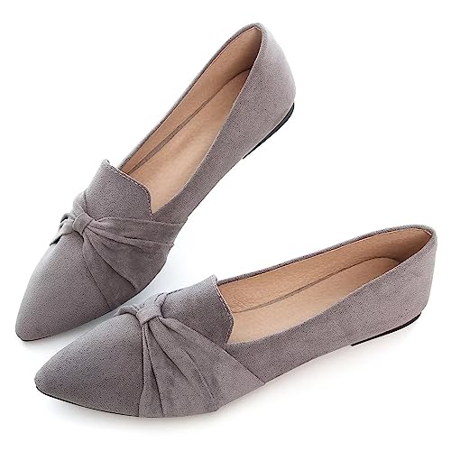 Hee grand Bowknot Pointed Toe Ballet Flats for Women Comfort Slip-On Loafers Walking Flats Suede Dressy Shoes2
