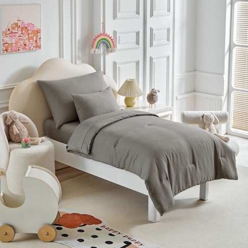 Image of Kids Comforter Sheet Set - Soft and Breathable Bed Set Includes Quilted Comforter, Fitted Sheet, Flat Top Sheet, Pillowcase and Toddler Pillowcase for Toddler - 5 Pieces Toddler Bedding Dark Gray