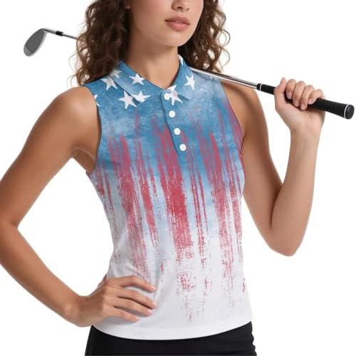 Blue American Drip Flag Womens Sleeveless Tops Polo Shirts for Women Collared Casual Office Top Small