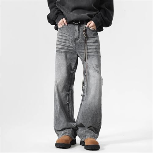 Men's Denim Pants Solid Color Washing Worn-Out Straight Trousers Wide Leg Loose Jeans3