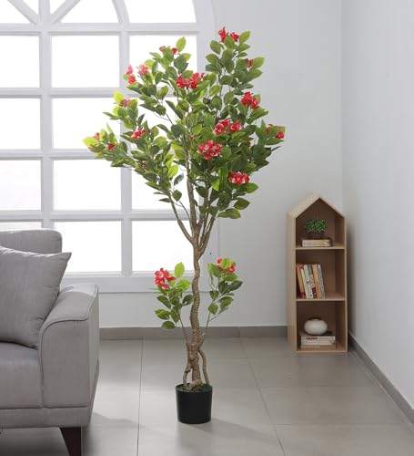 Image of Artificial Bougainvillea Tree, Large Nordic Simulation Plant Floor for Home Garden Outdoor Indoor Decoration (with Pot, 180 cm Tall, Red) (Red)