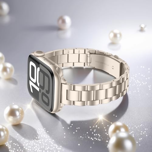 Image of Anlinser Bands Compatible with Apple Watch Band 42mm 41mm 40mm 38mm, Women Slim Stainless Steel Metal Strap for iWatch Series 10 9 8 7 6 5 4 3 2 1 SE (Starlight)