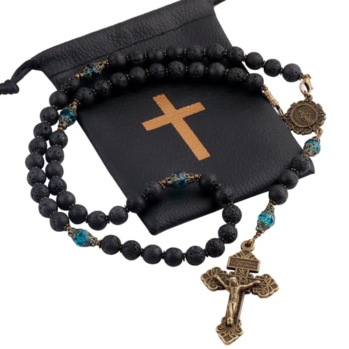 HanlinCC 8mm Lava Stone Beads Catholic Rosary Necklace with Virgin Mary Medal and Pardon Crucifix3