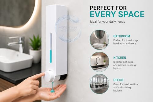 Image of BATH GURU ABS 420ml Wall Mounted Liquid Soap Dispenser for Bathroom, White | Premium Plastic Handwash Dispenser with Leakproof Pump for Liquid Soap, Shampoo & Sanitizer, Refillable for Bathroom, Kitchen