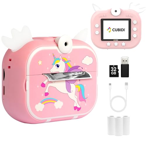 CUBIDI® Macchina Fotografica Bambini - Fotocamera Bambini con Carta da Stampa e Scheda memoria da 32 GB. Idea Regalo da 3+ Anni. Instant Kids Camera - Unicorno Rosa.