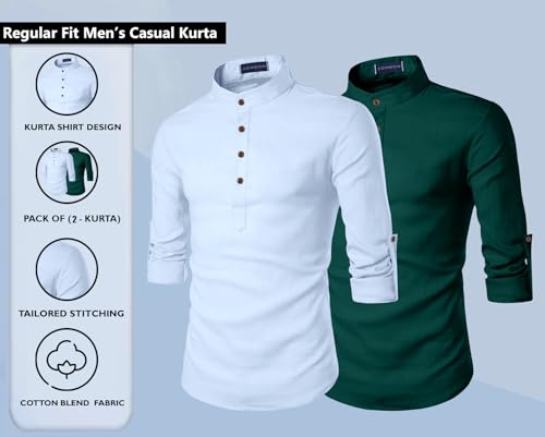 Image of Zombom Men's Combo Cotton Polyester Blend Solid Full Sleeve Straight Regular Fit Mandarin /Chinese Collor Kurta (Pack of 2)
