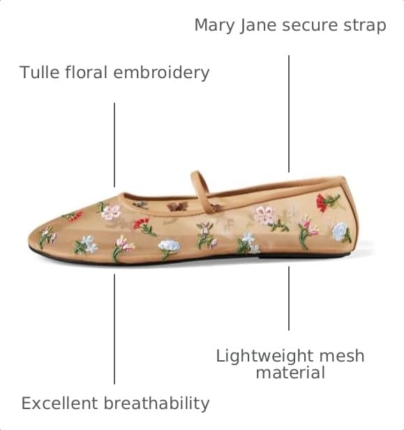 Image of Nude Mesh Ballet Flats for Women Tulle Floral Embroidered Mary Jane Ballerina Round Toe Comfortable Daily Dress Ballet Flats Shoes with Strap