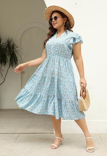 Image of Keluummi Plus Size Midi Dress for Curvy Women Wedding Guest Summer Floral Empire Waist Short Sleeve with Pockets (20 Plus, 10 - Light Blue Floral)