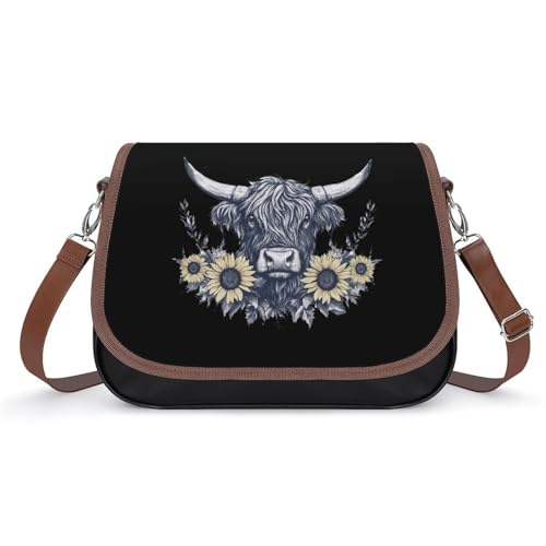 Scottish Highland Cow Sunflowers Women's Crossbody Bags Leather Messenger Handbag Small Shoulder Bag Purse