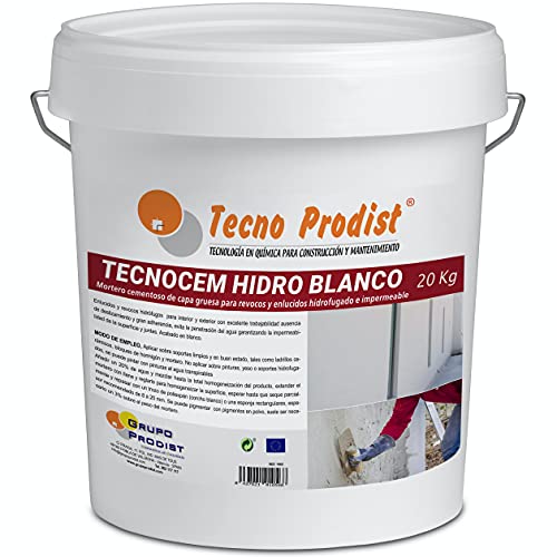 TECNOCEM HIDRO de Tecno Prodist (20 Kg) Mortero cemento de capa gruesa para revocos y enlucidos, hidrofugado e impermeable de color blanco