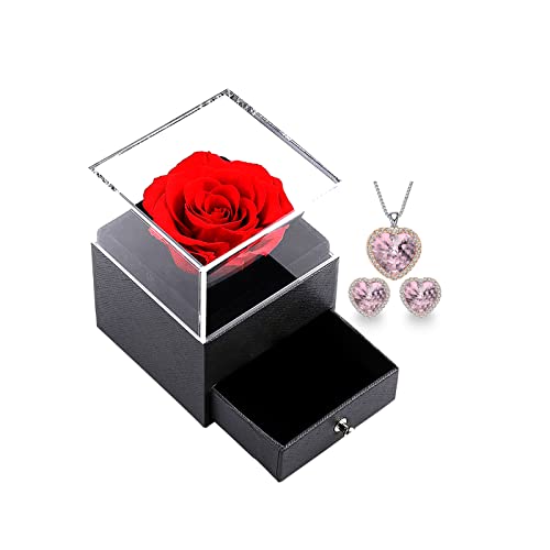 WNING Rose éternelle, cadeau pour femme rose avec ensemble de bijoux collier et boucles d'oreilles, cadeau d'anniversaire/anniversaire pour mère, épouse, sœur, amie avec boîte cadeau rose préservé Cover