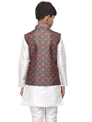 Image of Benstoke Boys Silk Blend Dark Green & Orange Printed Nehru Jacket