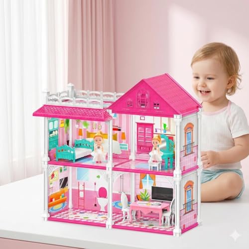 Image of Princess Doll House Building DIY Accessories, Furniture Pretend Play Gift Toys for 3 to 10 Year Old Girls Gify, Doll House Set for Girls, Doll House with 2-Story 4 Rooms, Kitchen & Furniture Set