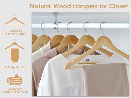 Image of Wooden Hangers for Clothes Hanging - Premium Solid Wood Wardrobe Hangers for Shirts, Suits, Sarees, Pants, Dresses, Jackets & Coats - Durable Closet Hanger (Natural, Pack of 8)