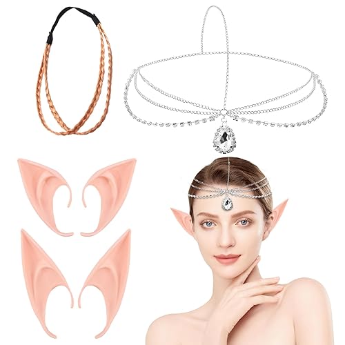 SHOWHEEL Ensemble d'oreilles d'elfe, Oreille Elfe,Décoration d'Halloween, 2 Paires Oreille Lutin + 1 Diadème en Strass+1 Bandeau Cheveux Femme,Costume...