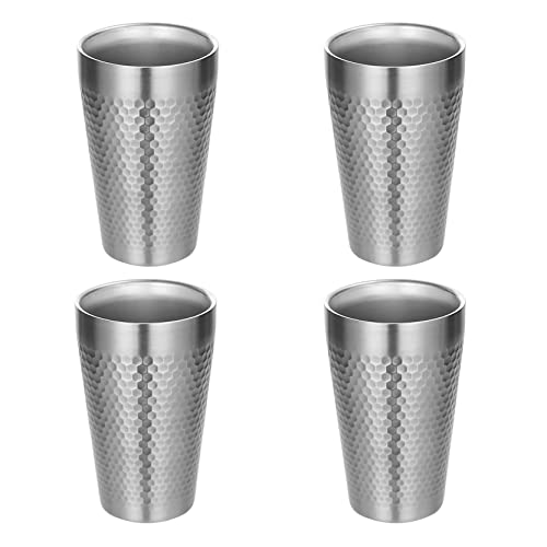 UPTALY 4 pcs Stainless Steel Cups (15 oz/per, Silver), Diamond Hammer Pattern Cup, Lightweight Iced Tea Mugs, Double Walled Beer Mug, Reusable Metal Coffee Tumbler, for Camping, Outdoor, Party