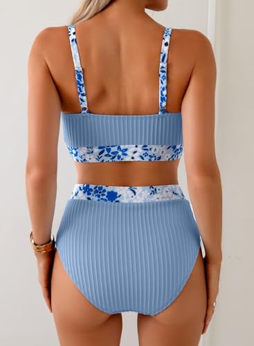 Image of Herseas Women's Textured Bikini Sets Floral Print Trim Scoop Neck Swimsuits High Waisted Bathing Suits