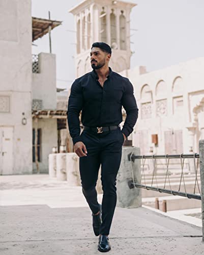 URRU Men's Muscle Dress Shirts Slim Fit Stretch Long&Short Sleeve Casual Button Down Shirt2