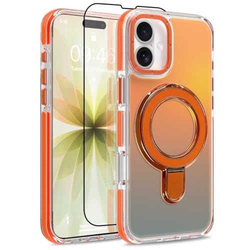 Image of Magnetic for iPhone 17 Case with Stand [Compatible with Magsafe] [Cute Fashion Fluorescent Design] [1 Screen Protector] Slim Translucent Matte Case for iPhone 17 6.3 inch 2025, Orange