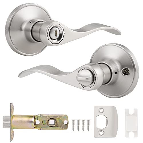 Probrico Stainless Steel Pair Lever Keyless Privacy Interior Door Lock for Bathroom, Satin Nickel Lockset Door Handle Knob Wave Style