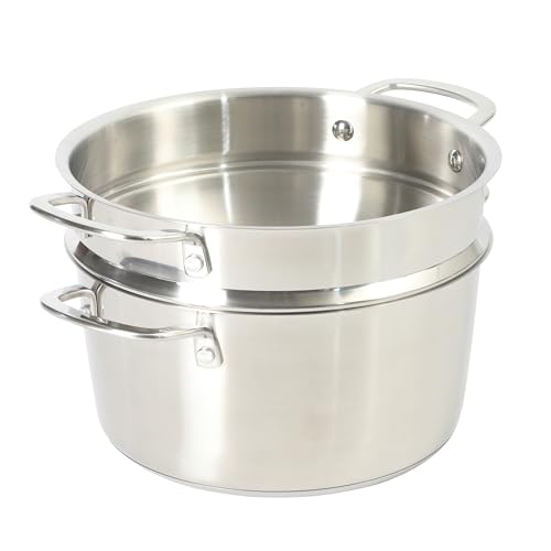 Image of Sur La Table Kitchen Essentials Chef's Deck 3-Piece 5.3-Quart Stainless Steel Dutch Oven with Steamer Insert & Glass Lid - Induction Ready, Tri-Ply Base, Polished Finish & Hollow Stay-Cool Handles