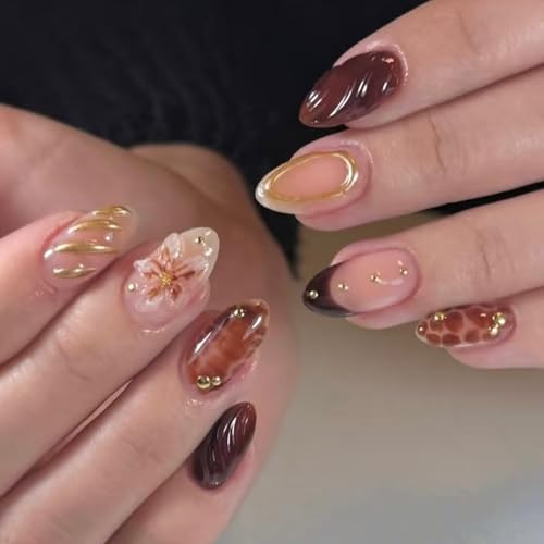 Press on Nails Medium Almond French Tip, 30 Pcs Handmade 3D Flowe...