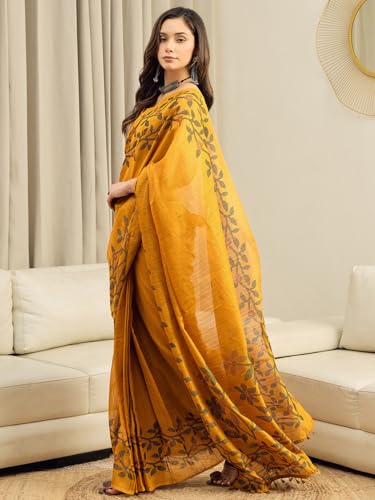 Image of AKHILAM Women's Cotton Printed Ready To Wear Saree With Unstitched Blouse Piece