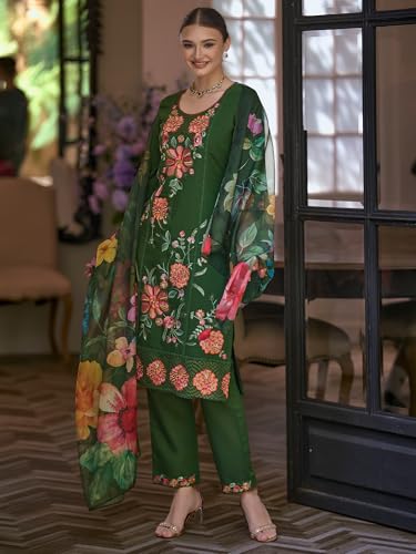 Image of INDO ERA Women's Silk Blend Floral Embroidered Thread Work Kurta & Pant with Dupatta Set (IEOUT13230)