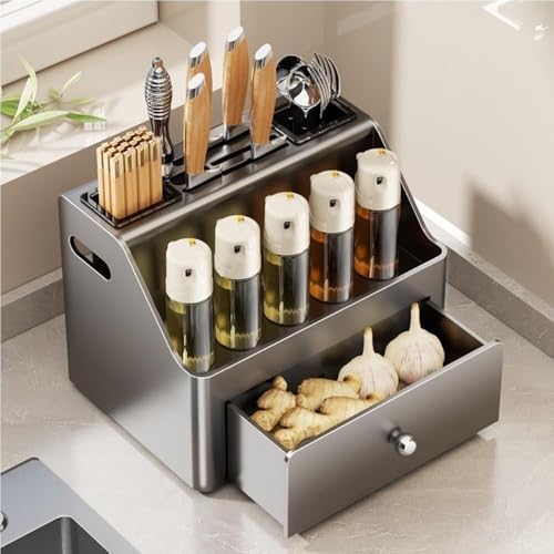 Multifunctional Metal Kitchen Knife Block & Spice Rack with 2 Chopstick Holders - Stylish Cutlery Organizer for Kitchen Countertops & Home Decor (Gray)