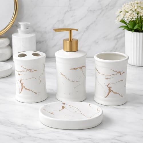 Image of Whizzo Ceramic Bathroom Set - Italian 4 Piece Bath Accessories Set with Soap Dispenser, Toothbrush Holder, Tumbler & Soap Dish - Modern & Designer Decor for Home & Guest Bathrooms (BS-822-White)