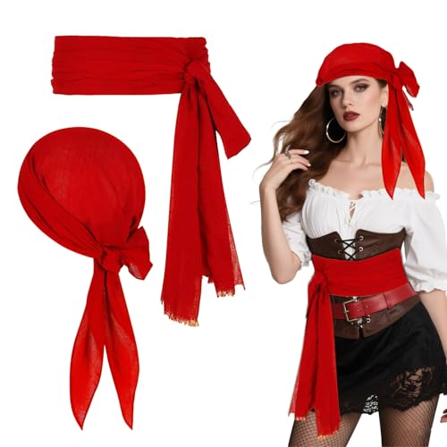 FUIPVGI Acessórios vintage de capitão pirata, lenço vermelho e cinto cinto, fantasia pirata para crianças e adultos para apresentações teatrais, festas de disfarces festas de piratas e Halloween