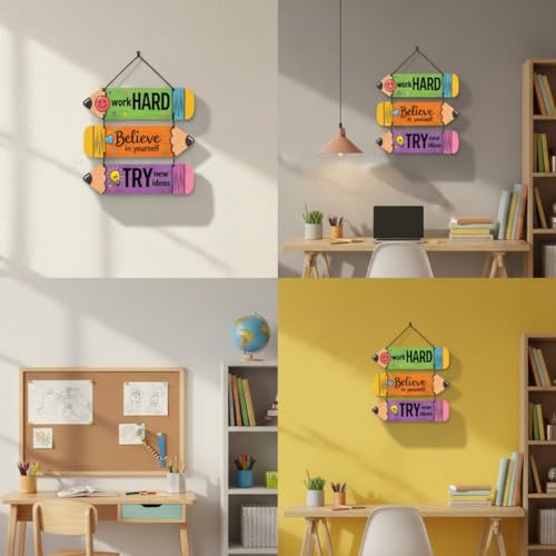 Image of Motivational Wooden Wall Hanging Quotes - Work Hard, Believe in Yourself, Try New Ideas | Colourful Pencil Design MDF Inspirational Wall Decor for Kids Room, Study & Office